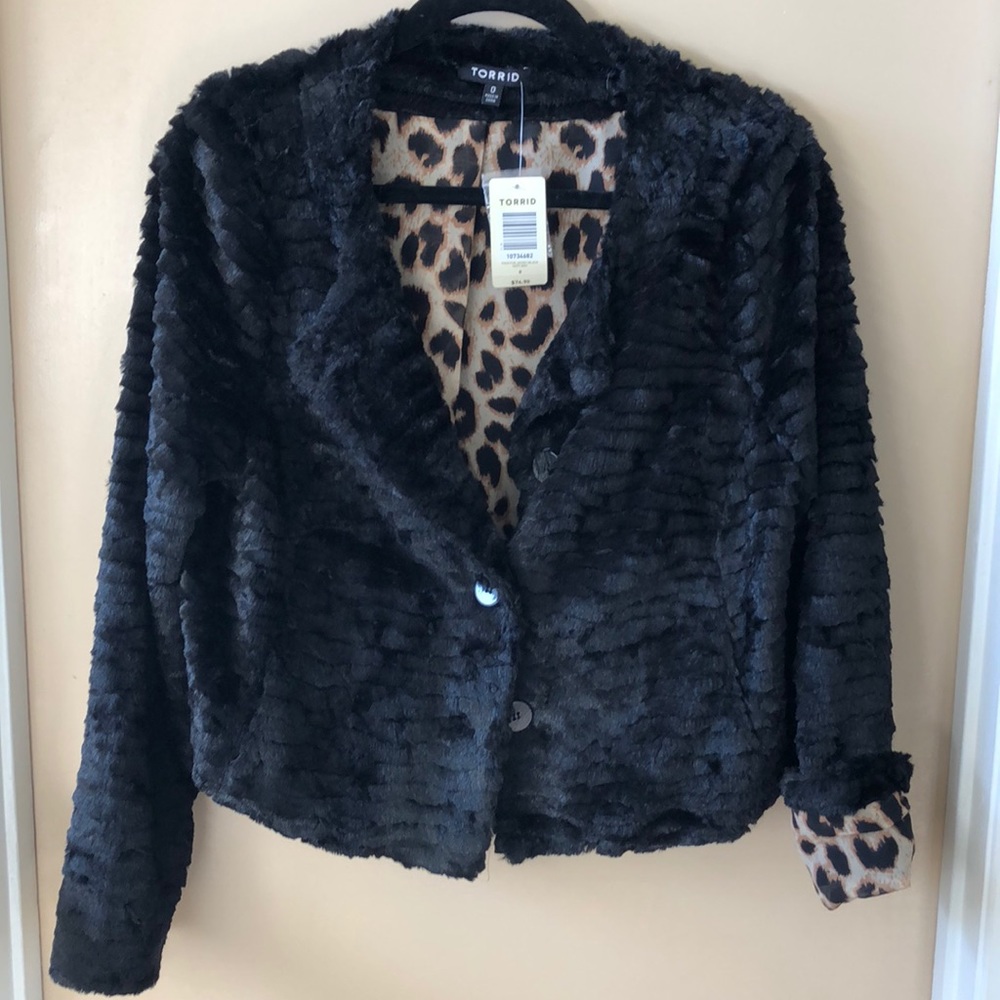 Torrid Faux Fur Jacket: Black with Leopard lining
